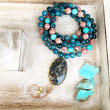 Apatite, Rhodochrosite and Turquoise Mala with Chrysocolla Guru Bead