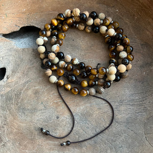 Smokey Quartz, Tiger’s Eye & Picture Jasper Adjustable Mala with Pyrite Guru Bead