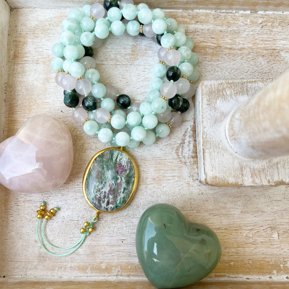 Seraphinite , Green Angelite and Rose Quartz Quartz Mala with Ruby Fuschite Guru Bead