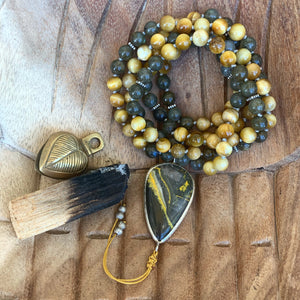 Golden Tiger’s Eye and Labradorite One of a Kind Mala with Bumble Bee Jasper Guru Bead