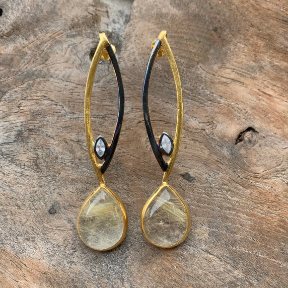 Silver - Rutilated Quartz Long Earrings in Gold