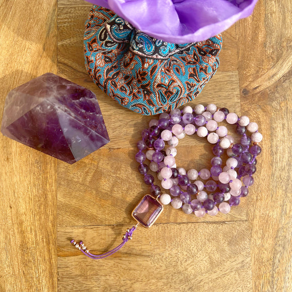 Kunzite, Purple Jade, Purple Rose Quartz & Amethyst Mala with Amethyst Guru Bead