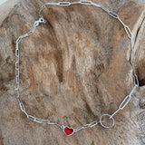 Silver - Paperclip Red Heart Necklace Adjustable