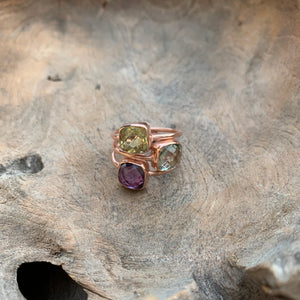 Silver - Aquamarine, Rose Quartz and Amethyst Ring in Rose Gold