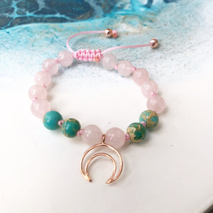 Rose Quartz & Sea Sediment Jasper 8mm Adjustable Beaded Bracelet with Rose Gold Crescent Moon