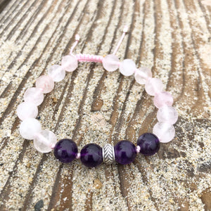 Rose Quartz & Amethyst 8mm Adjustable Beaded Bracelet with Silver Accents