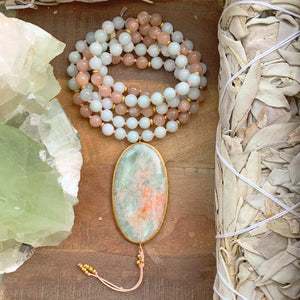 Sunstone & Burma Jade Mala with Apophyllite & Stilbite Guru Bead