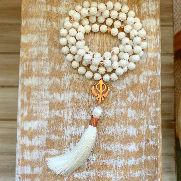 Floral Carving White Shells Mala with Rose Gold Adi Shakti Guru Bead