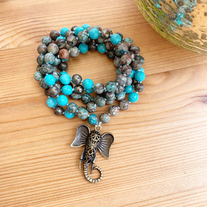 Turquoise, Pyrite & Ocean Jasper Mala with Ganesha Guru Bead